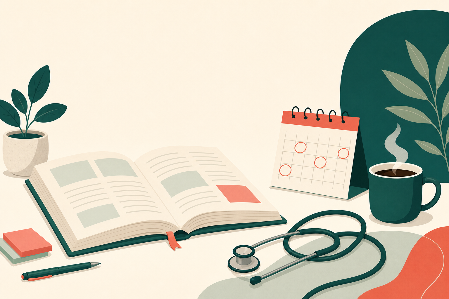 Ilustración editorial de un escritorio de estudio con un libro abierto, un estetoscopio, un calendario con fechas marcadas y una taza de café