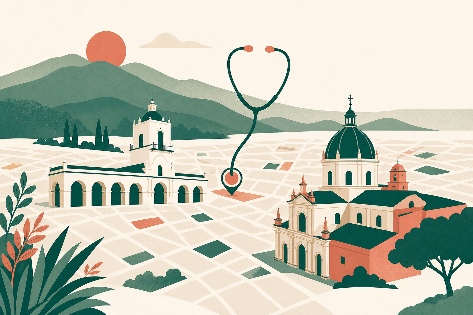 Ilustración editorial representando la residencia médica en Córdoba